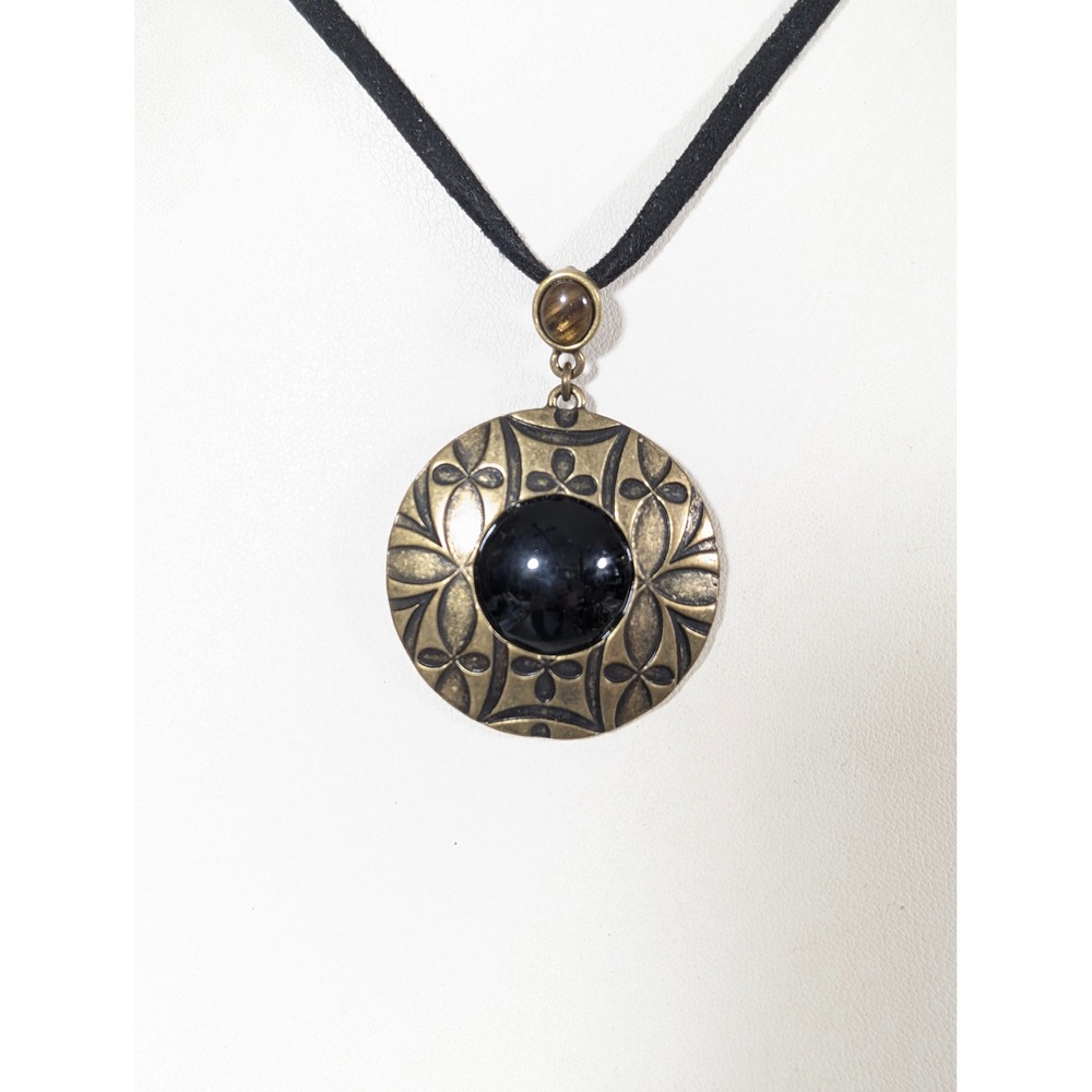 Liz Claiborne Axcess Bronze Tone Black Faux Leather Pendant Necklace 18 in